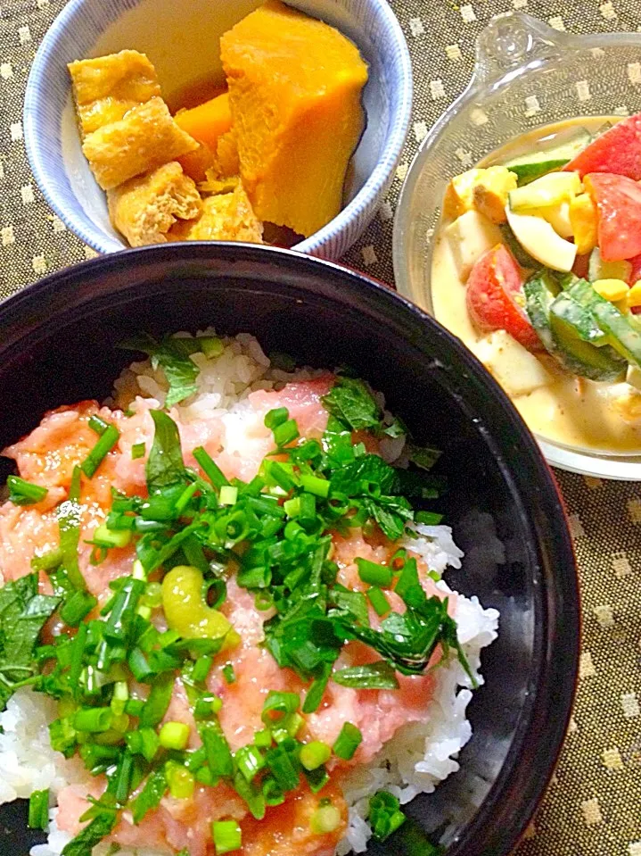 ネギトロ丼 🎃の煮物 サラダ|掛谷節子さん