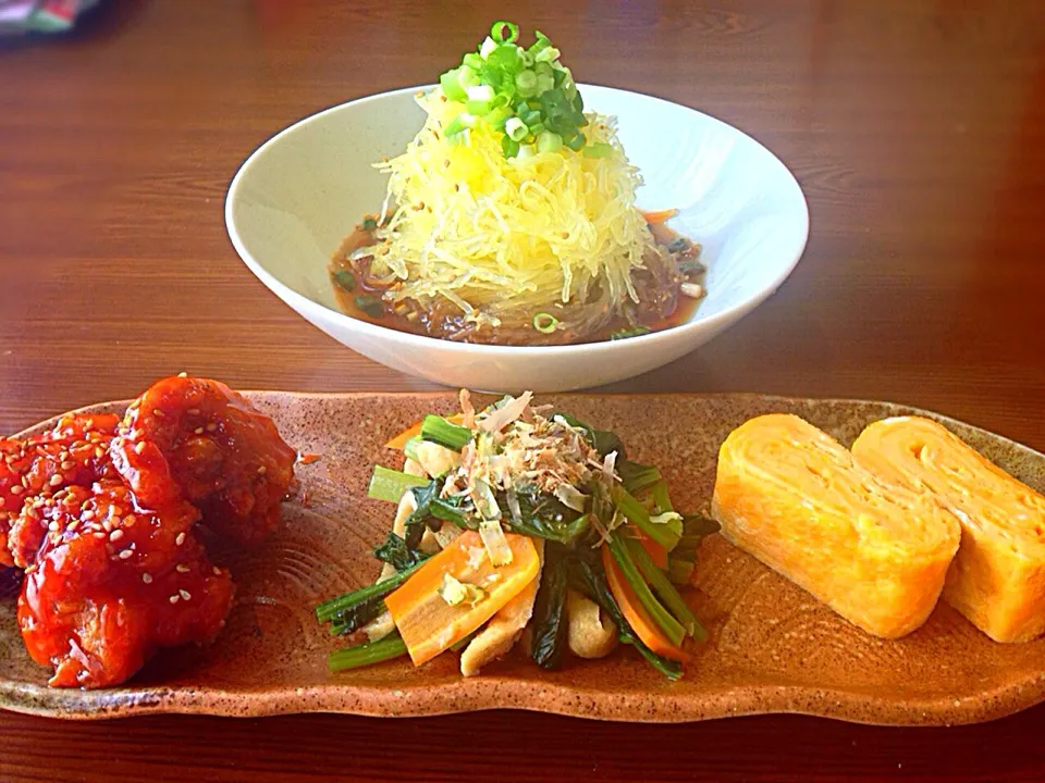 ⭐️素麺南瓜のそうめん ⭐️ヤンニョムチキン ⭐️小松菜のおひたし ⭐️玉子焼き|よっちぃさん