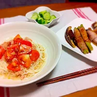 トマツナそうめん、アスパラ＆茄子チーズの豚肉巻き|カナエさん