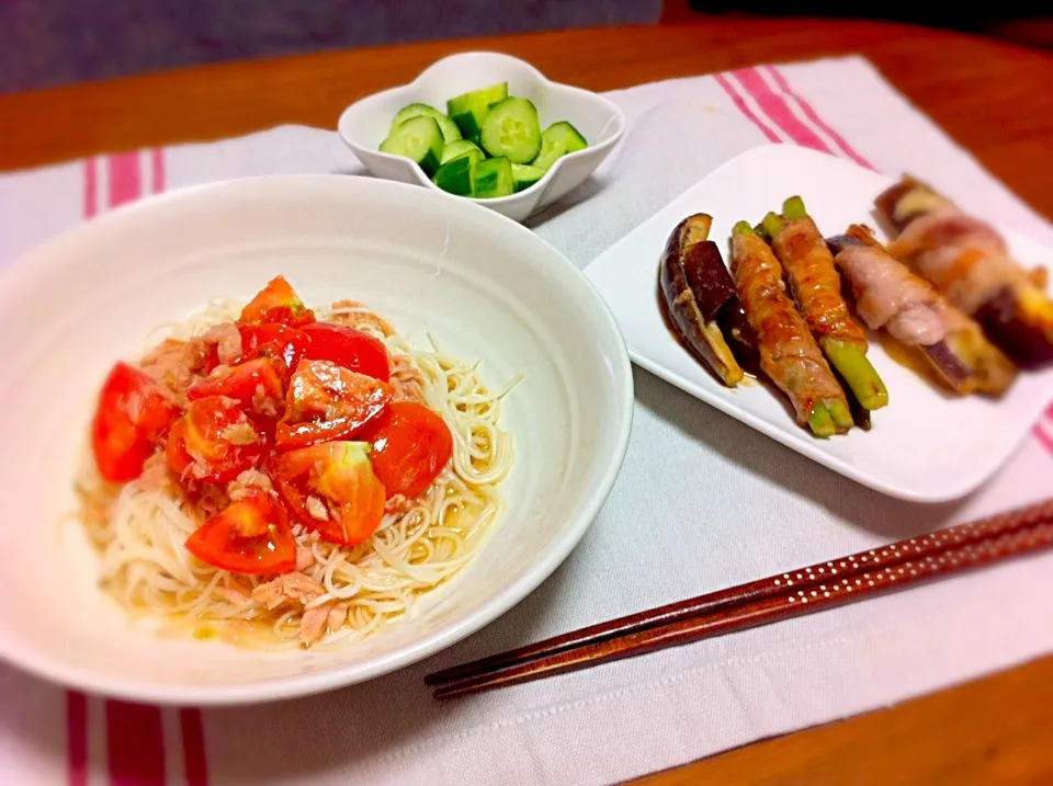 トマツナそうめん、アスパラ＆茄子チーズの豚肉巻き|カナエさん