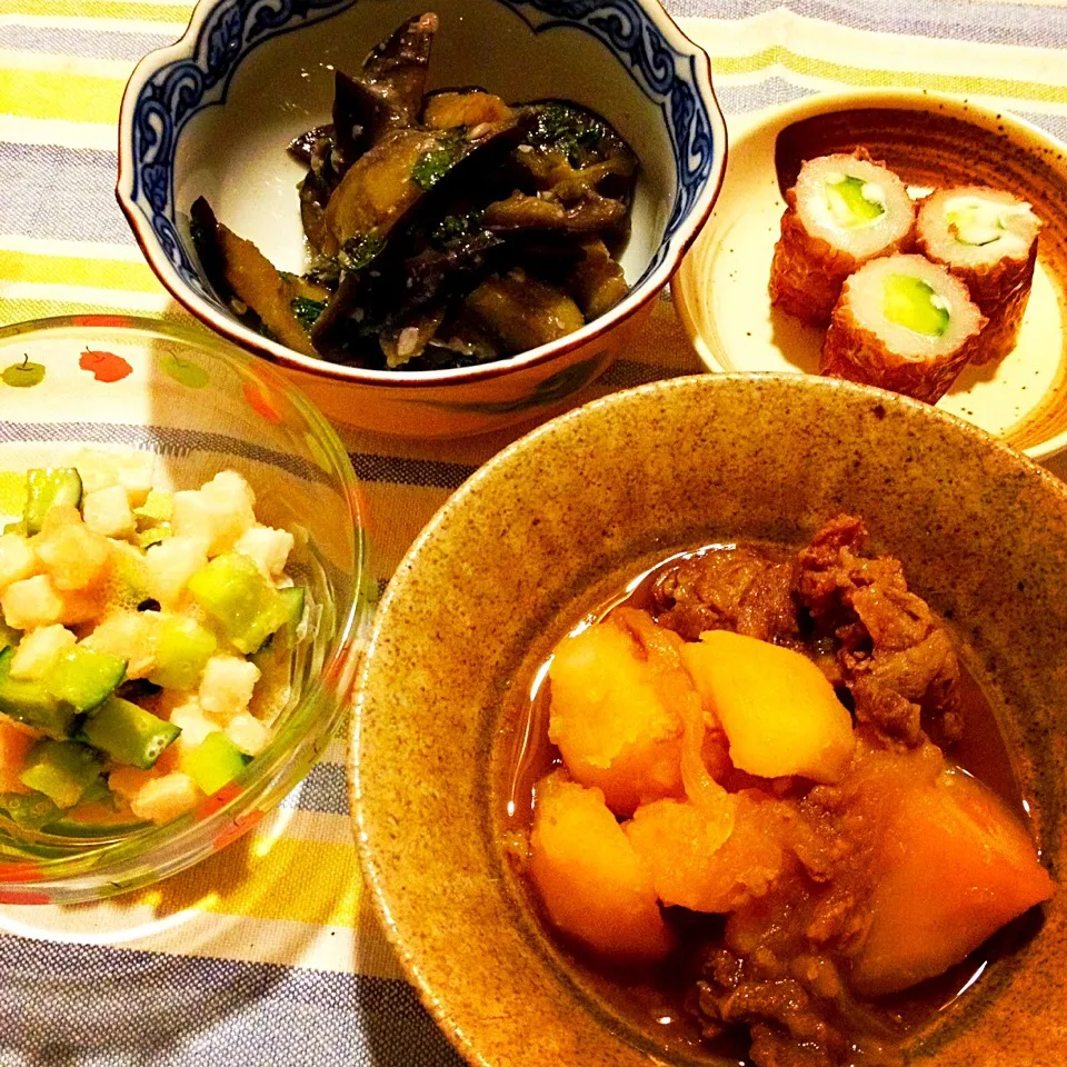 肉じゃが,茄子味噌,ちくきゅう,長芋胡瓜のタラコ和え|りーぴんさん