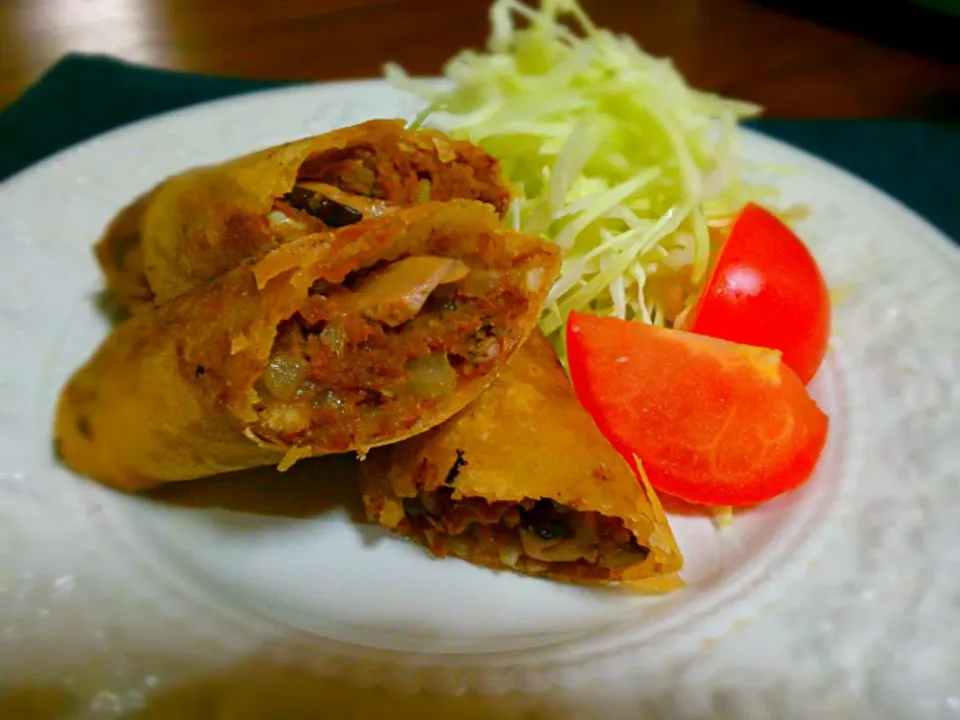 ひき肉と椎茸のカレー春巻き|みっちっちさん