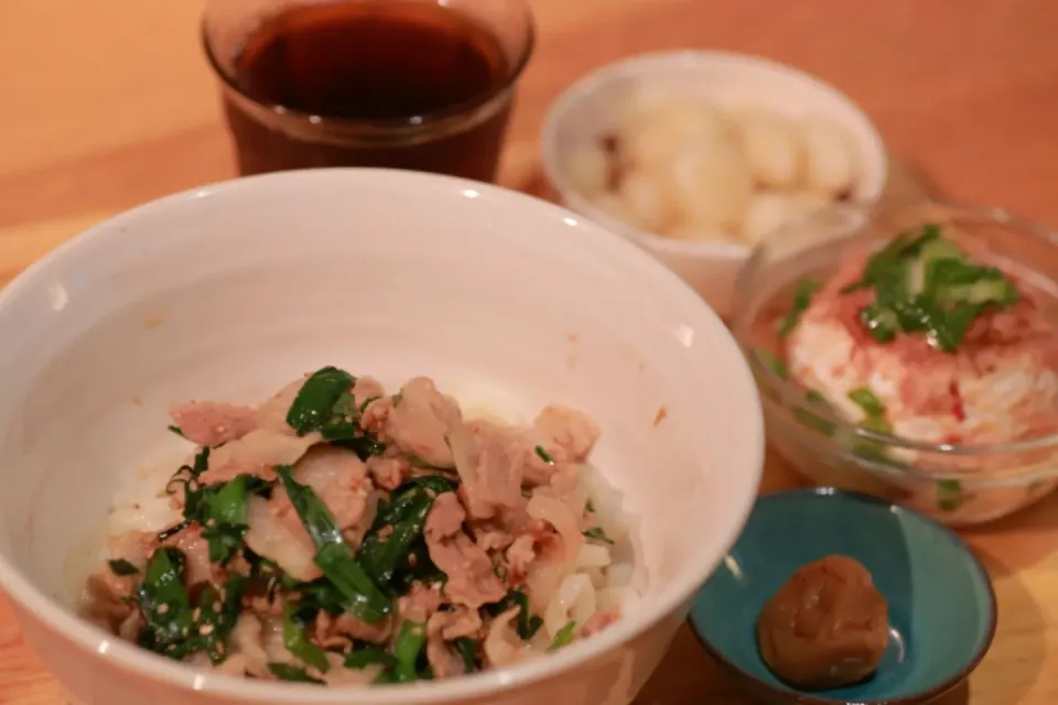 【夕ご飯】豚バラ肉とニラの冷やしうどん、冷や奴、梅干し、みたらし団子|マカロンさん