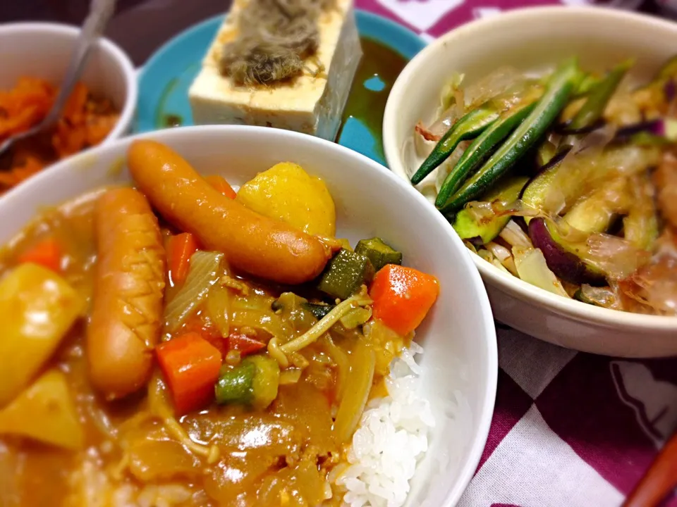 カレー、水なすサラダなど。|もじゅさん