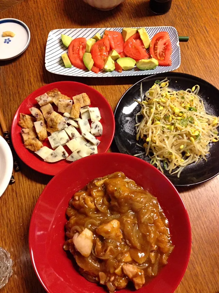 ★鶏肉とかぼちゃの煮物★豆もやしナムル★アボガドトマト★てんぷら|三宅 里美さん