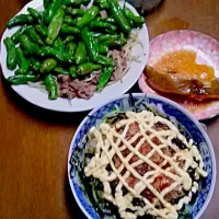 鰈の煮付け
獅子唐と牛肉もやし炒め
玉ねぎとキュウリのノリカツサラダ|wakaneさん