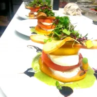 Snapdishの料理写真:heirloom tomatoes and fresh mozzarella salad with a basil mustard, and balsamic gastric|Austinさん