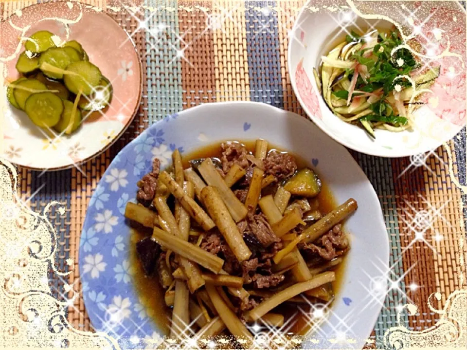 Snapdishの料理写真:牛蒡茄子炒め煮  茄子と胡瓜のお浸し  またまたキューちゃんも添えて|さえさん