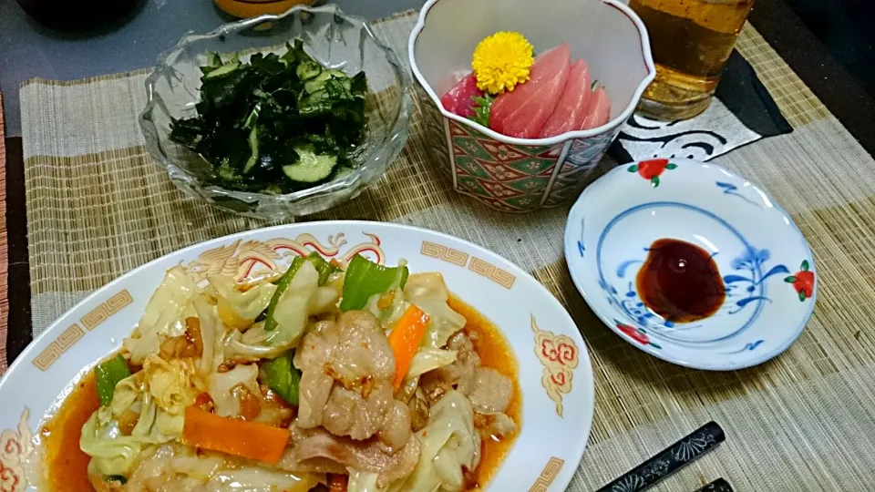 胡瓜の酢の物＆マグロ＆豚肉とキャベツの炒め物|まぐろさん