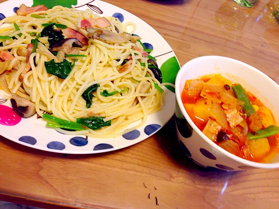 ほうれん草のパスタ、お野菜たっぷりトマトスープ|Fumieさん