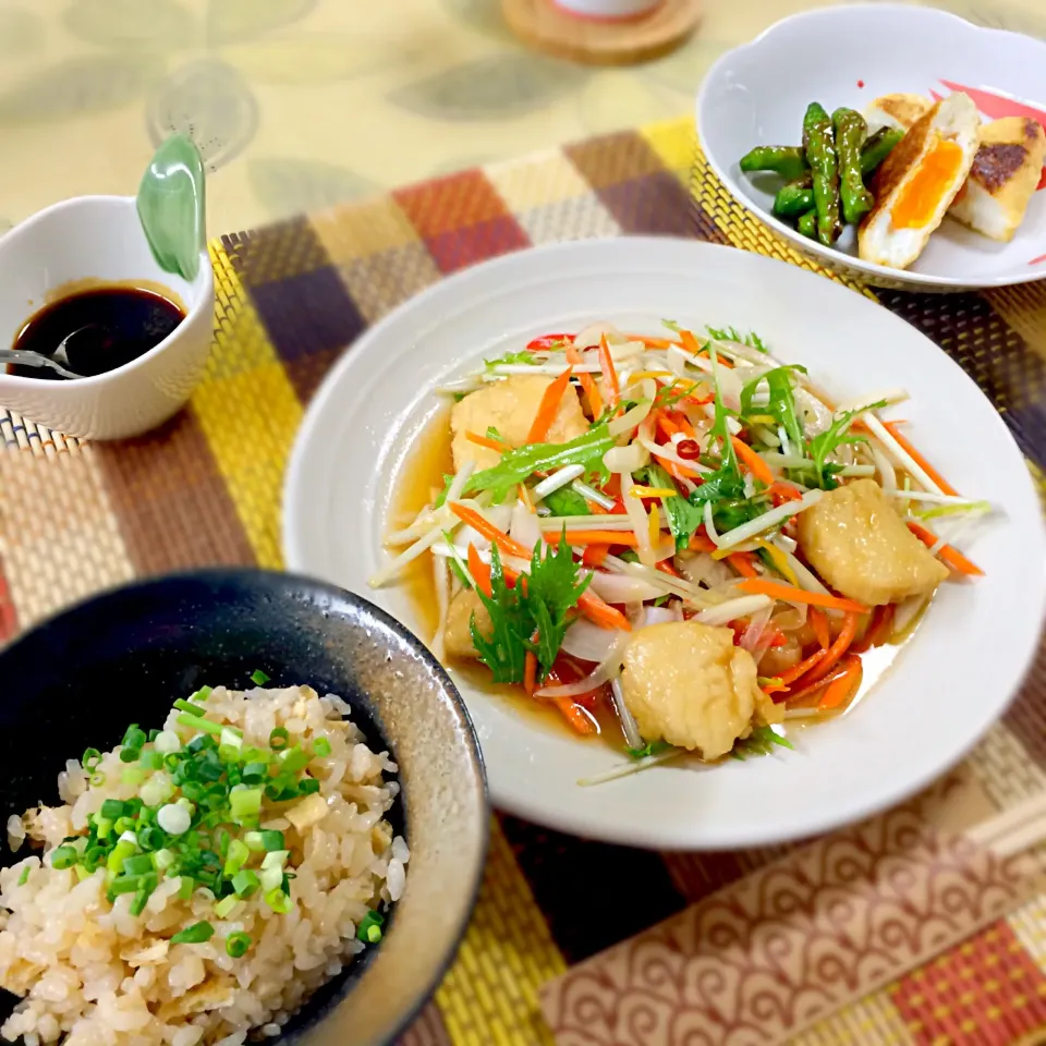 生姜ご飯、まぐろ南蛮漬け、油揚げ卵？|mayuさん