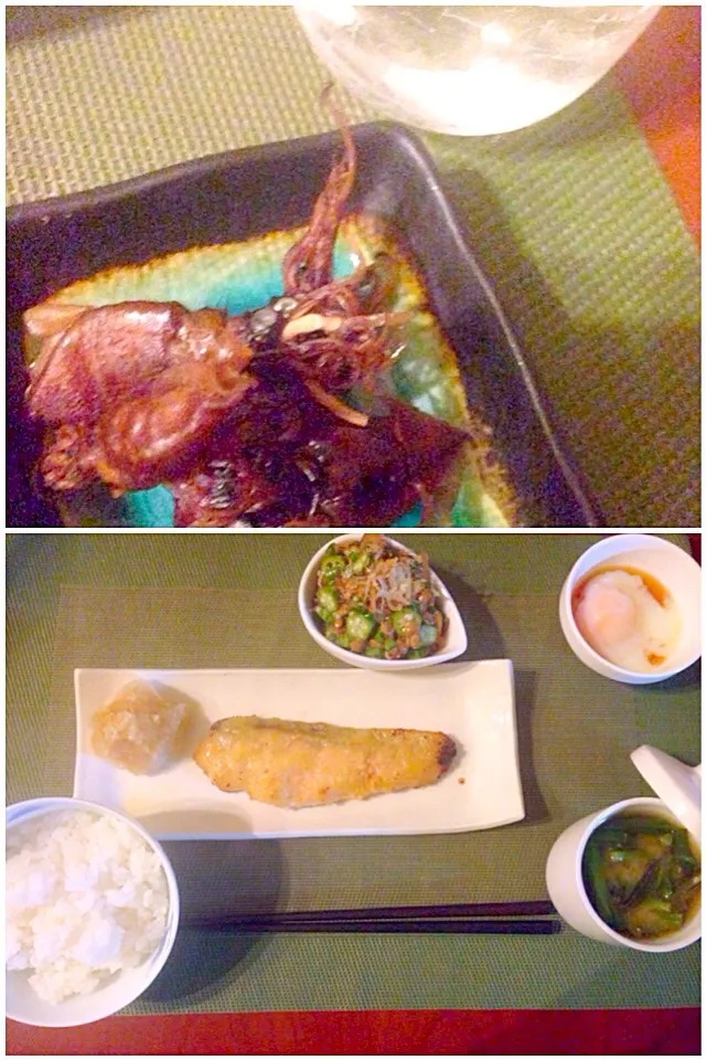 Snapdishの料理写真:Dinner for hubby🍴蛍烏賊の燻製🍶鮭の西京味噌漬け・茗荷&オクラ納豆・温泉卵・韮のお味噌汁|🌈Ami🍻さん