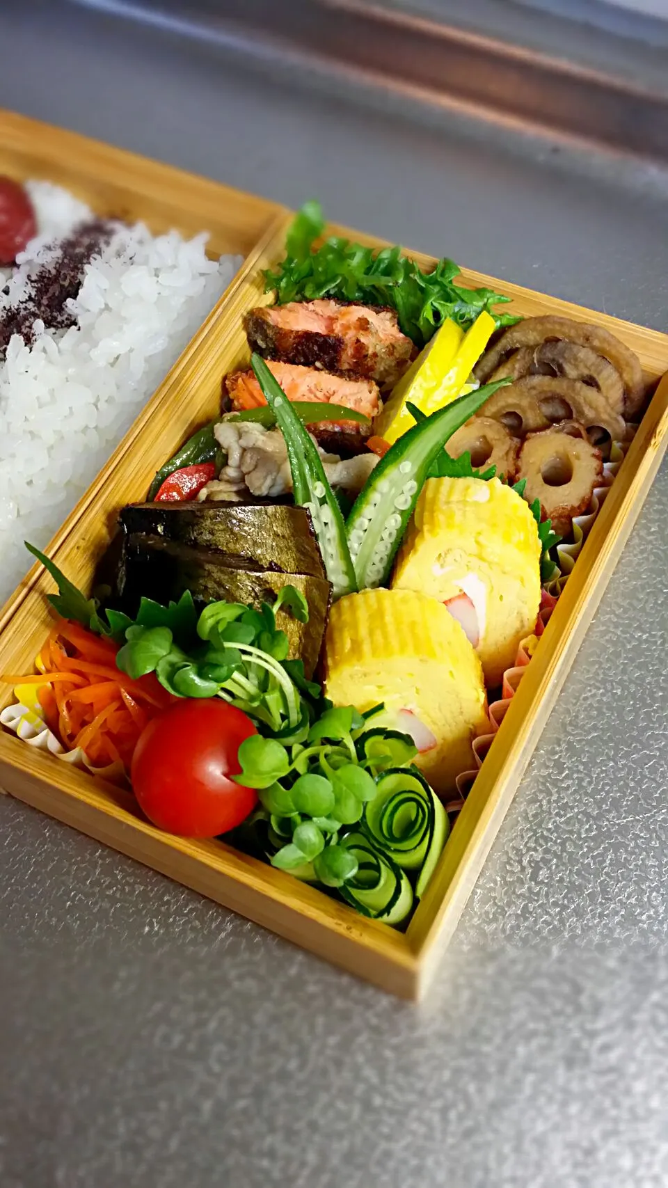 《木曜日のお弁当》🍱

・サーモンのバジルパン粉焼き
・カニカマ入りだし巻き玉子
・人参中華風サラダ
・豚肉カリブのガーリック焼き
・竹輪と蓮根の煮物

行ってらっしゃ〜い♡|藤田 まり子さん