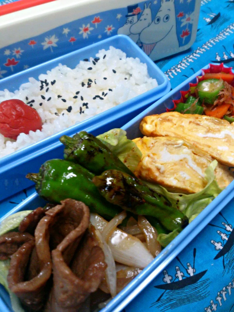 お弁当8/7
梅干しゴマごはん、松阪肉と玉ねぎのすき焼き風、獅子唐の照り焼き、玉子焼き、オクラとにんじんのおかか和え|さっちんさん