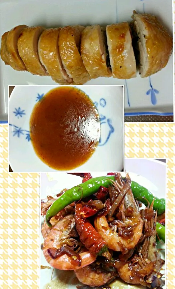 色々なハーブの　丸焼き鳥と　チリソース　エビバター炒め#grilled chicken roll in different kinds of herbs# chili sauce shrimp in butter|Miki Jorierose Obispoさん