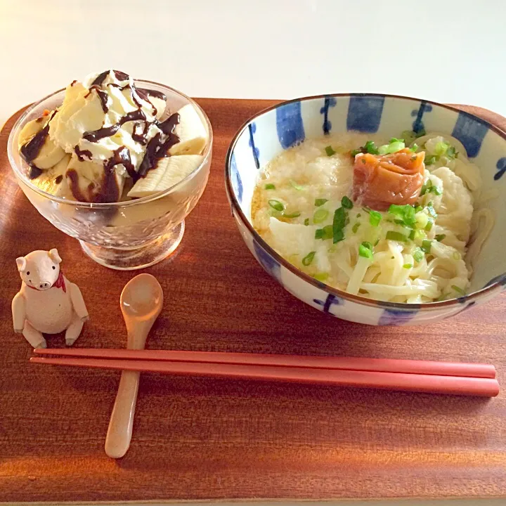 紀州梅トロロ稲庭うどん ＆ ミニチョコバナナパフェ|ともりんさん