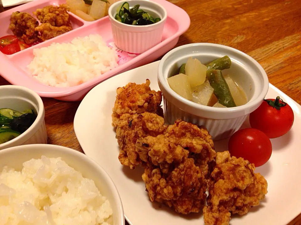 塩昆布のとり唐揚げ 大根胡麻味噌煮 きゅうり酢の物|はるさん