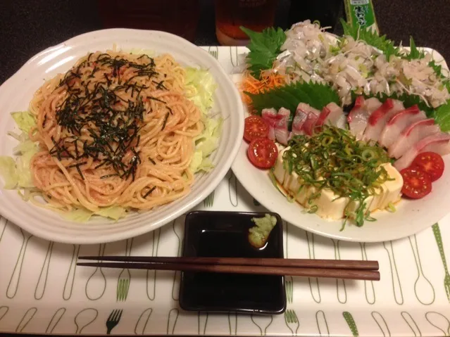 タラスパ、太刀魚とカンパチのお刺身、冷奴、ミニトマト🍅！꒰ •ॢ  ̫ -ॢ๑꒱✩✨|サソリさん