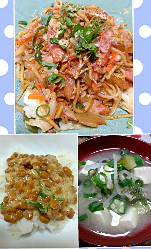 Snapdishの料理写真:焼きそばと　納豆と　味噌汁//pancit gisado#miso soup# fermented soy beans|Miki Jorierose Obispoさん