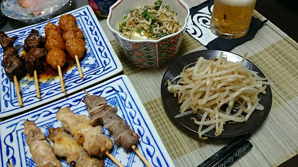 焼鳥＆もやし炒め＆冷奴|まぐろさん