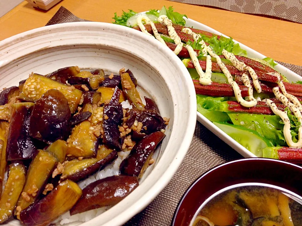 麻婆ナス丼、赤オクラのサラダ|ねむねこさん