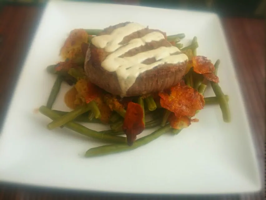 Beef steak on green beans with potato chips. Mustard mayonnaise sauce ...|Matthew NLさん