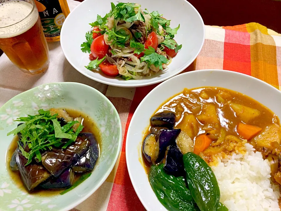 夏野菜とシーフードカレー、牛とトマトのパクチーサラダ、ナスの揚げ浸し|ぷっくりんこ💙さん