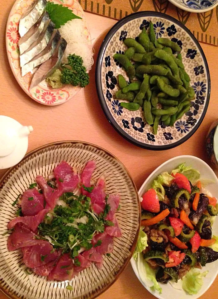 昨日はヘルシー。カツオ香味野菜ポン酢、ナスと豚肉の南蛮漬け、黒豆枝豆、しめ鯖。|カオカオさん