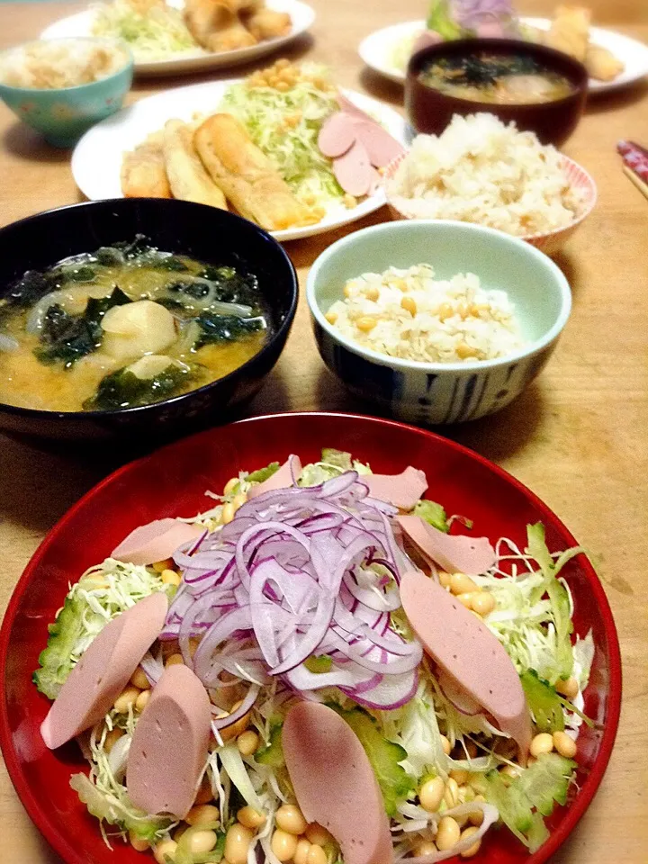 魚肉ソーセージサラダと焼き春巻き|かずきっちんさん