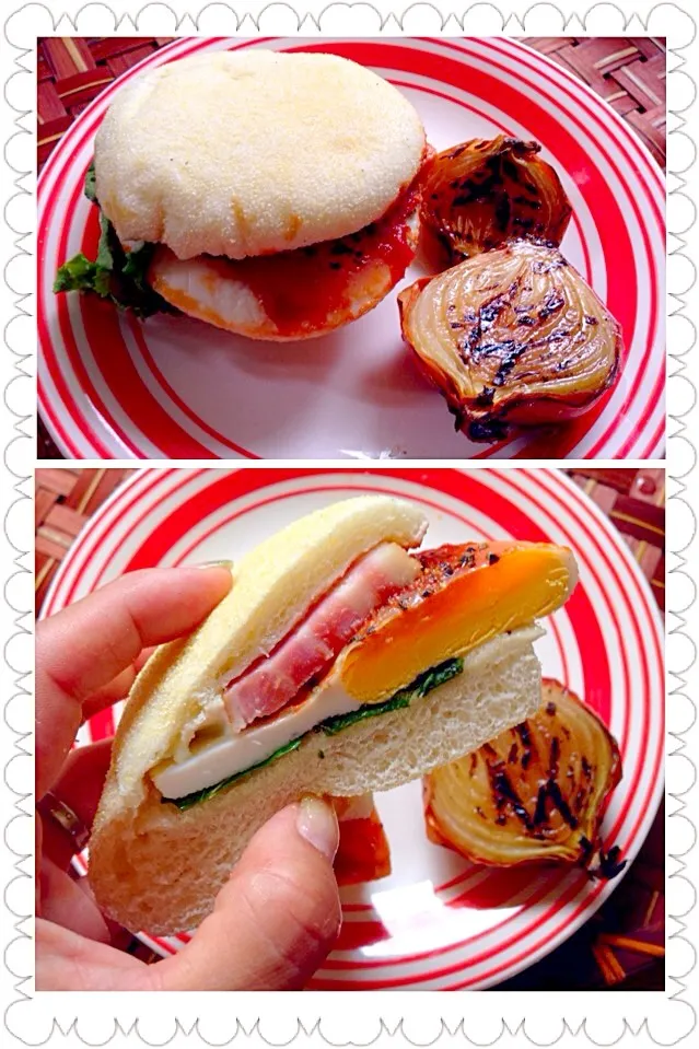 muffin sandwich🍳厚切りベーコンと目玉焼きマフィンサンド|🌈Ami🍻さん