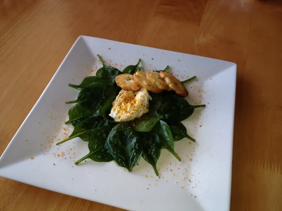 Poched egg on spinach leafs with crispy baguette.|Julien Henryさん