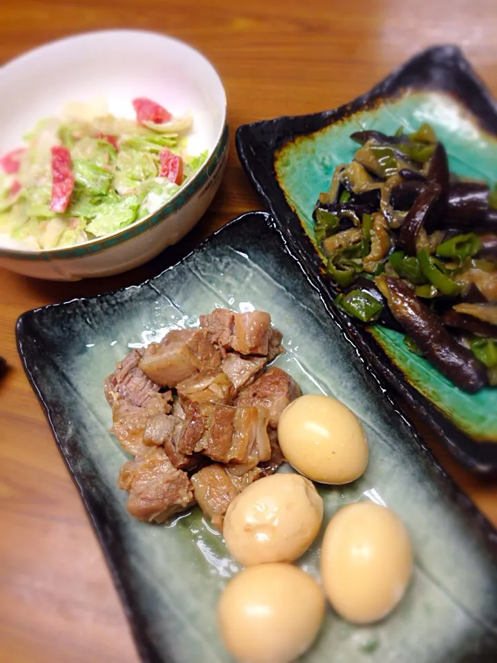 豚の角煮、ナスとピーマンの味噌炒め、レタスとトマトのツナサラダ|望月有紀さん