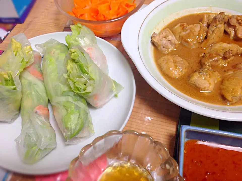 エビとアボカドの生春巻き＆鶏もも肉のピーナツ煮でエスニック夕ご飯|Yukaさん