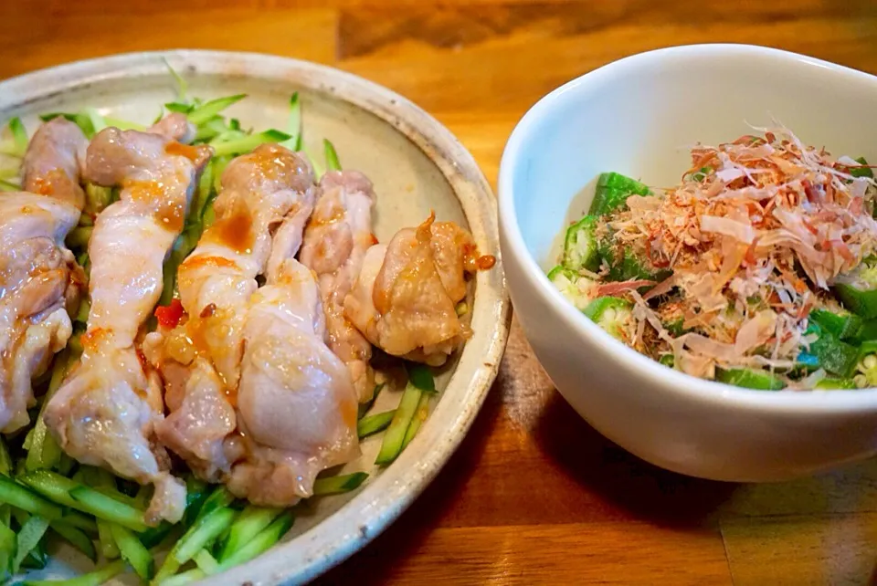 鶏肉ときゅうりのピリ辛和えとオクラのお浸し|たこさん