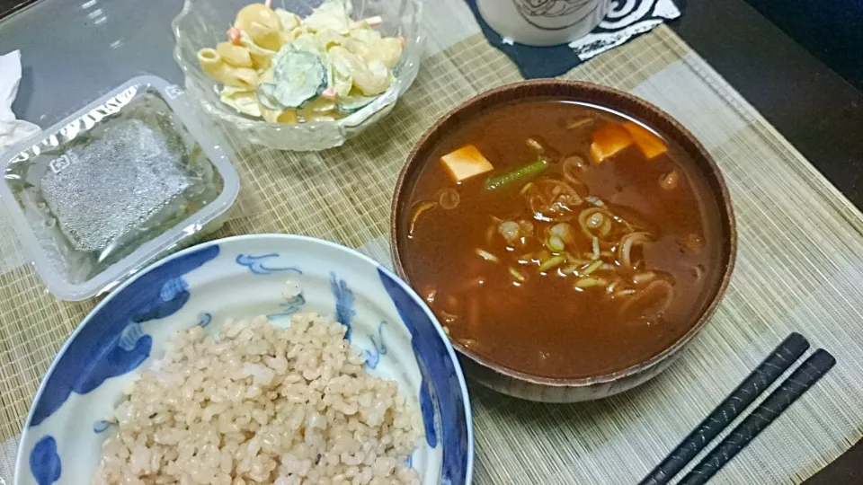 めかぶ＆マカロニサラダ＆なめこの味噌汁|まぐろさん