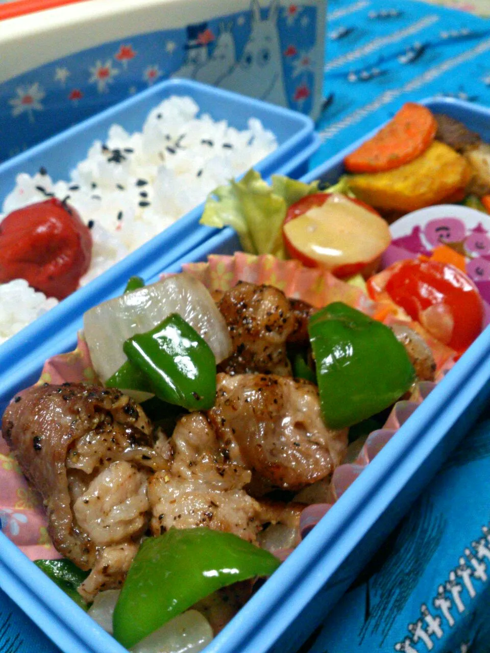 Snapdishの料理写真:お弁当8/12
梅干しゴマごはん、小間切れ肉の団子と玉ねぎピーマンの炒めもの、かぼちゃとにんじんと、生しいたけのカレー焼き、トマチーズ|さっちんさん