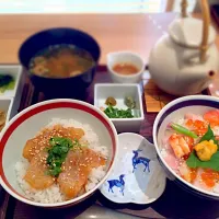 Snapdishの料理写真:博多駅磯らぎの鯛茶漬けと海鮮丼|momoe ueharaさん