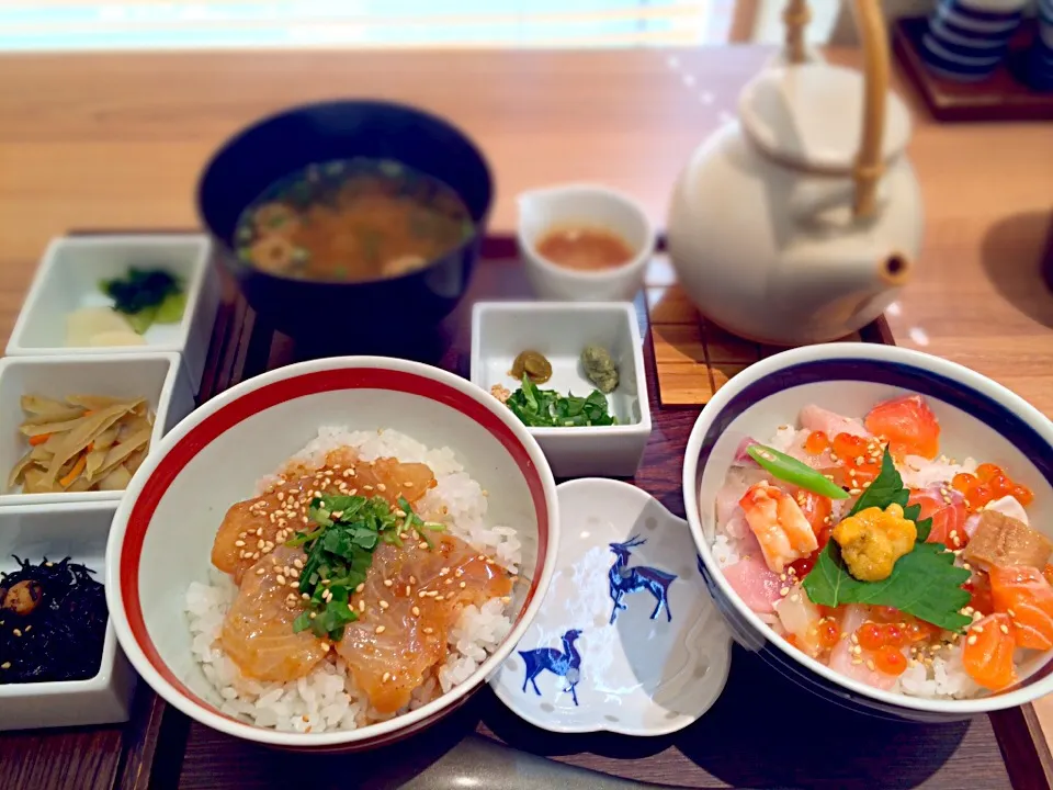 Snapdishの料理写真:博多駅磯らぎの鯛茶漬けと海鮮丼|momoe ueharaさん