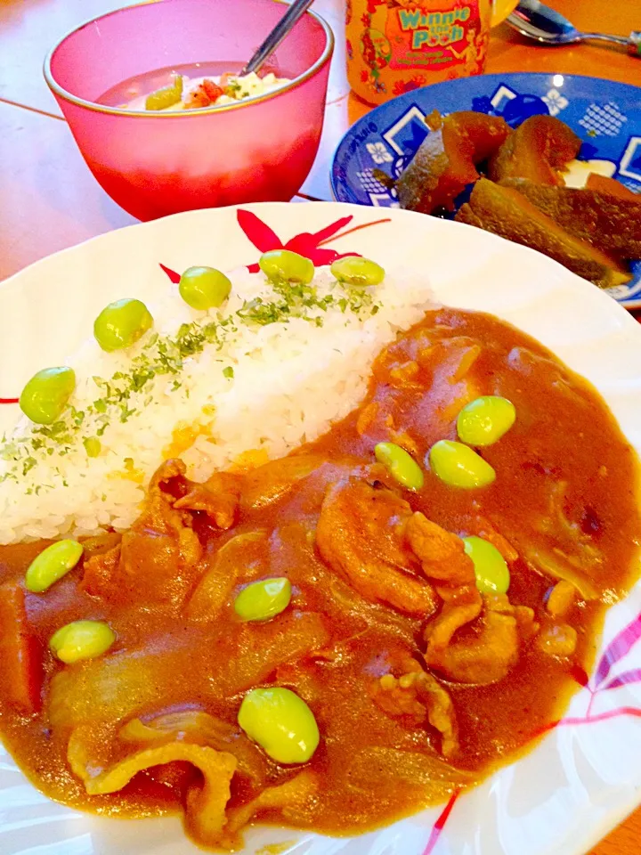 Snapdishの料理写真:ポークカレー🍛  カボチャの煮物🎃、朧豆腐ワサビ醤油で      🍎林檎ジュース|ch＊K*∀o(^^*)♪さん