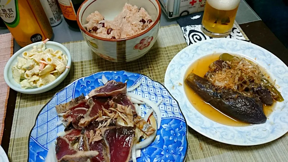 茄子の煮浸し＆鰹のたたき＆マカロニサラダ|まぐろさん