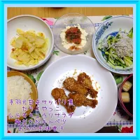 手羽元甘辛サッパリ煮＆たらこやっこ＆しらすキュウリサラダ＆梅おかかキャベツ＆お麩のお味噌汁|舞さん