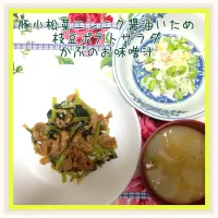 Snapdishの料理写真:豚小松菜ニンニク醤油炒め＆枝豆ポテトサラダ＆かぶのお味噌汁|舞さん