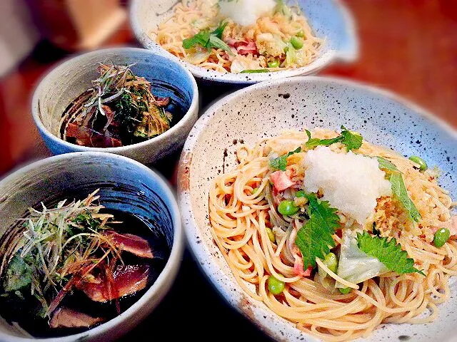 キャベツとベーコンの和風おろしパスタ&鰹のタタキぽん酢|いちどぅしさん