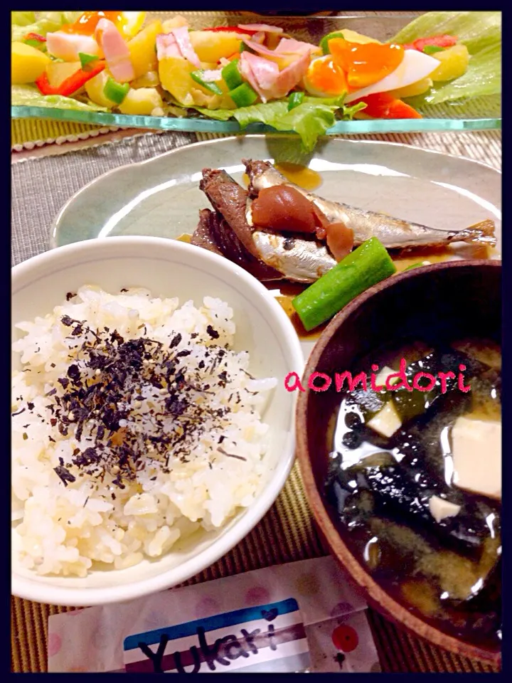 Snapdishの料理写真:Miekoさん手作りのゆかりでごはん、自分で釣った鯖の梅煮🐟夏休みの昼ごはん|Norikoさん