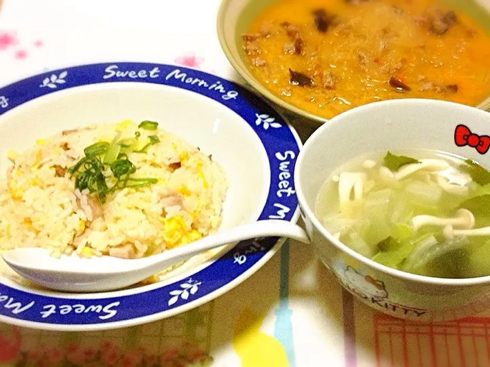 Snapdishの料理写真:あっさり炒飯・あっさり中華風スープ・麻婆春雨|美也子さん