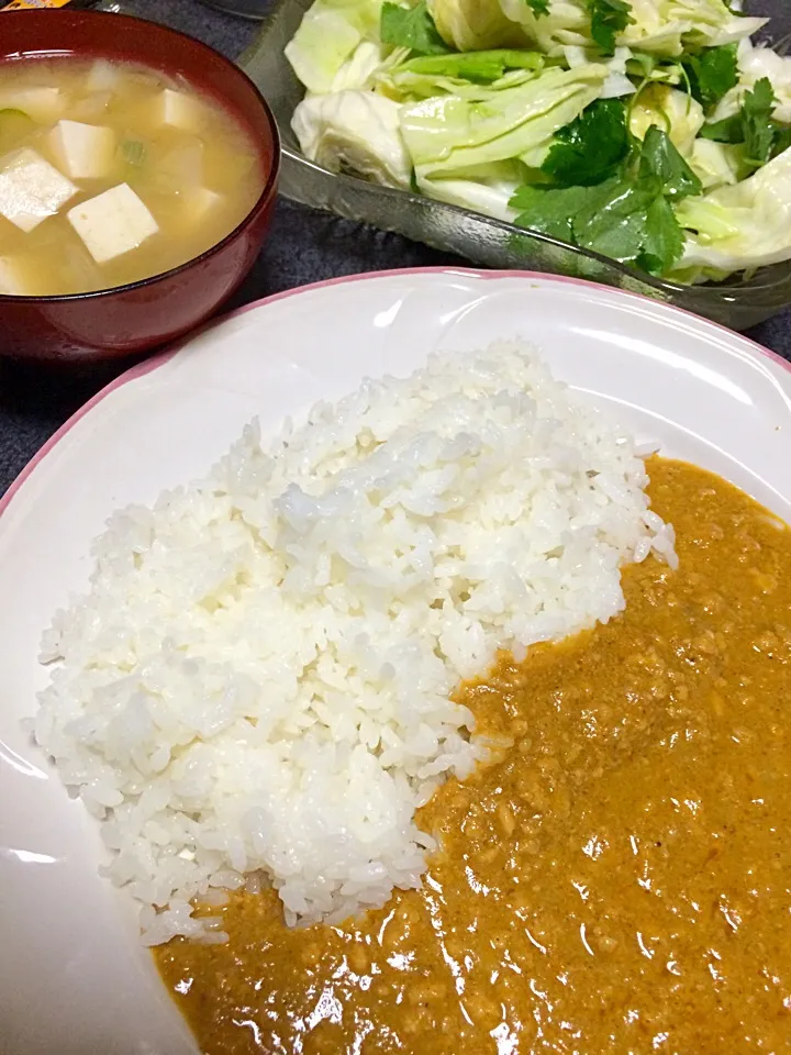 Snapdishの料理写真:豆腐ネギ味噌汁、キーマカレー、ごま油ベースのドレッシングなサラダ|ms903さん