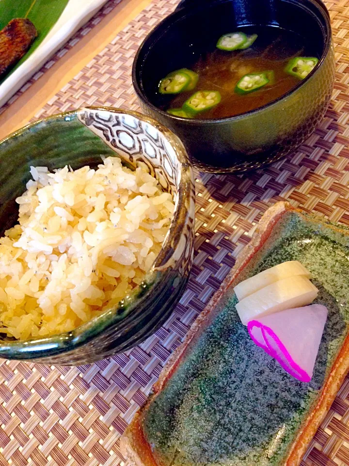 飯物 新しょうが じゃこ 汁物 オクラ もずく|どかべんべんさん