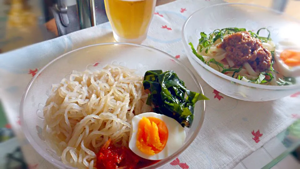 Snapdishの料理写真:冷麺 ＆ ピリ辛肉味噌うどん|kirakira☆さん