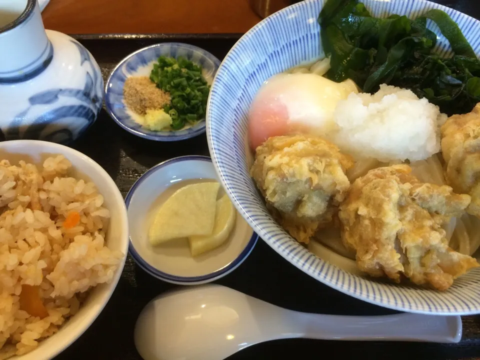 Snapdishの料理写真:かしわ天ぶっかけうどん、かやくごはんセット|buhizouさん