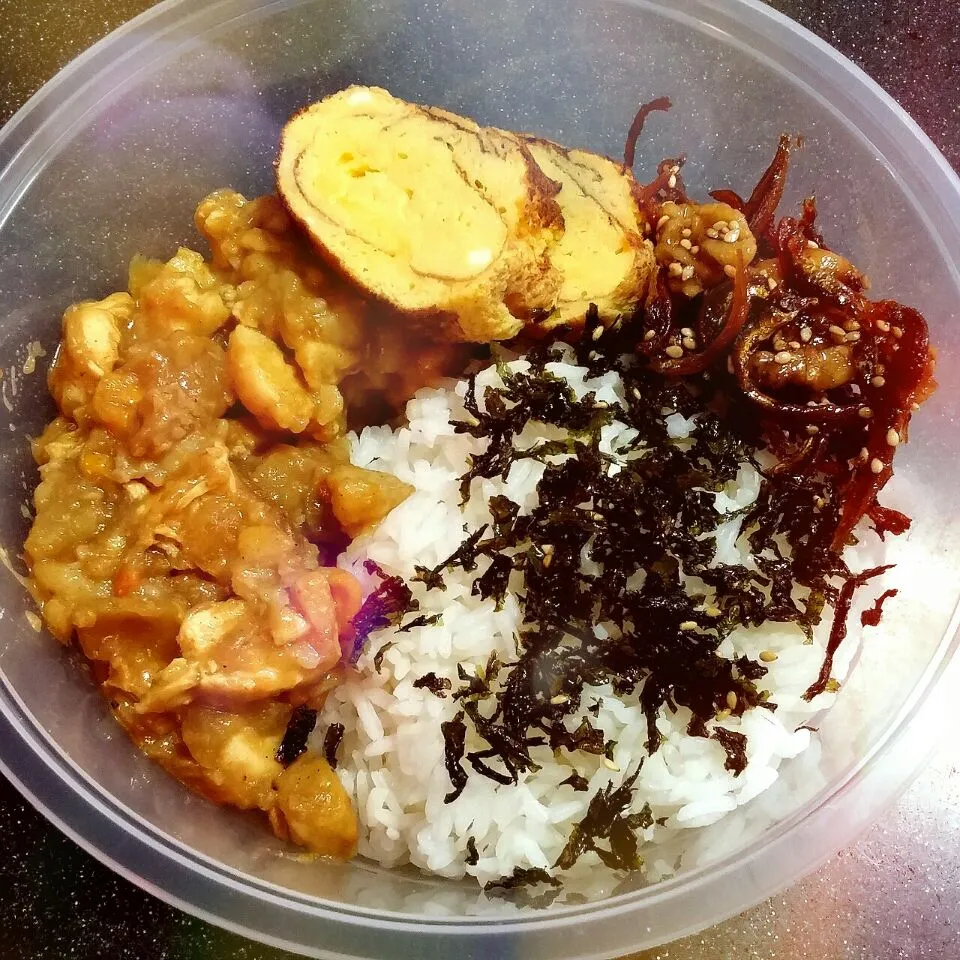 japanese chicken curry with tamagoyaki, sweet anchorvies, bonito flakes n miso soup|dotdotdotx2さん